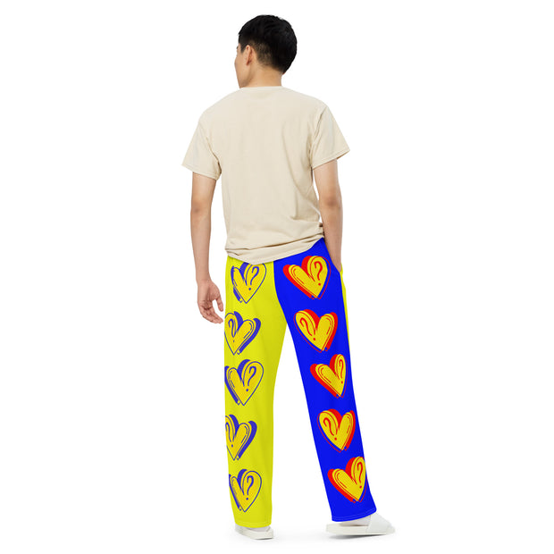 Hearts & Question Mark Two Tone Unisex Wide Leg Pants