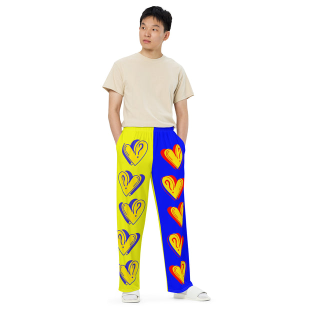 Hearts & Question Mark Two Tone Unisex Wide Leg Pants