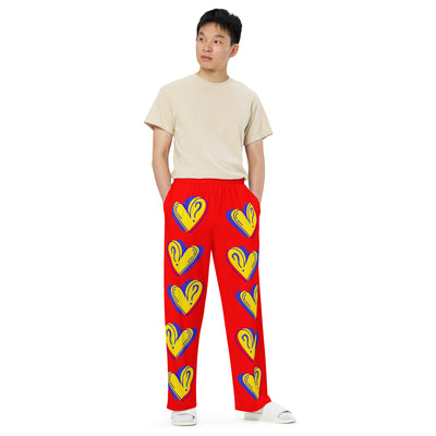 Hearts & Question Mark Unisex Wide Leg Red Pants