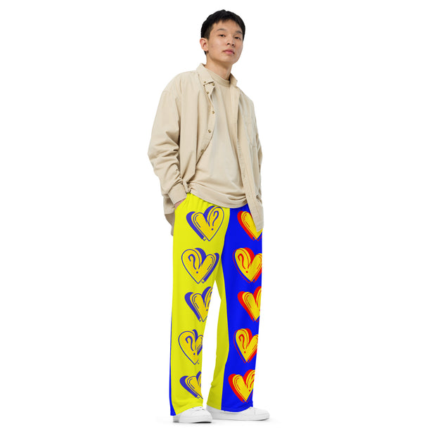 Hearts & Question Mark Two Tone Unisex Wide Leg Pants