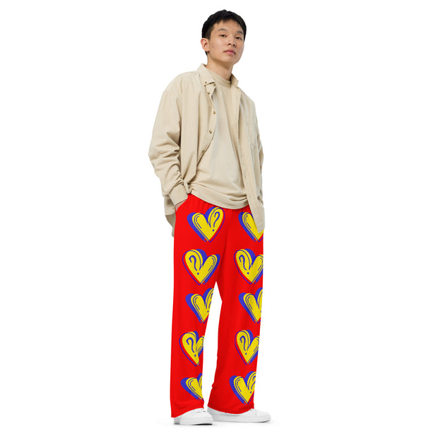 Hearts & Question Mark Unisex Wide Leg Red Pants