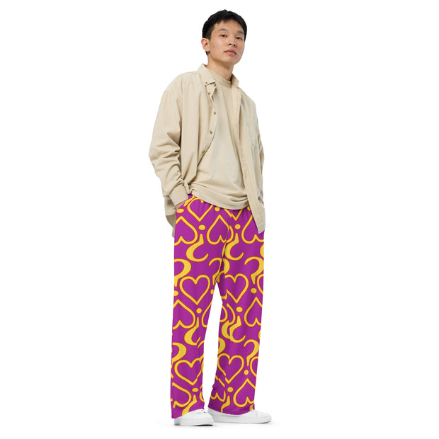 Hearts & Question Mark Unisex Wide Leg Purple Pants